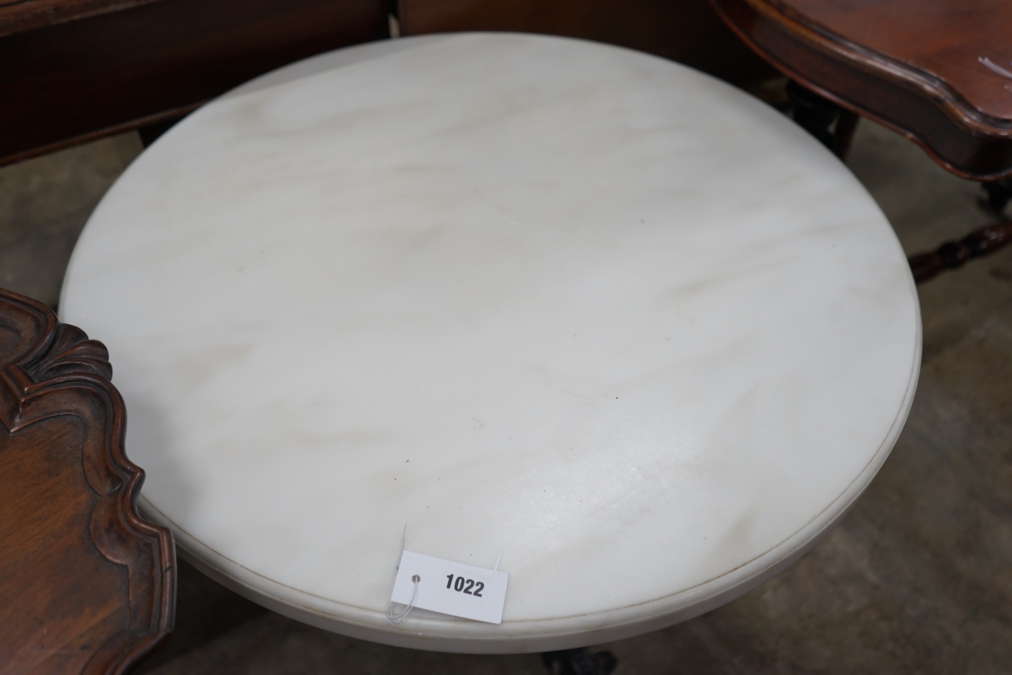 A Victorian style circular cast iron and reconstituted marble top occasional table, diameter 75cm, height 84cm